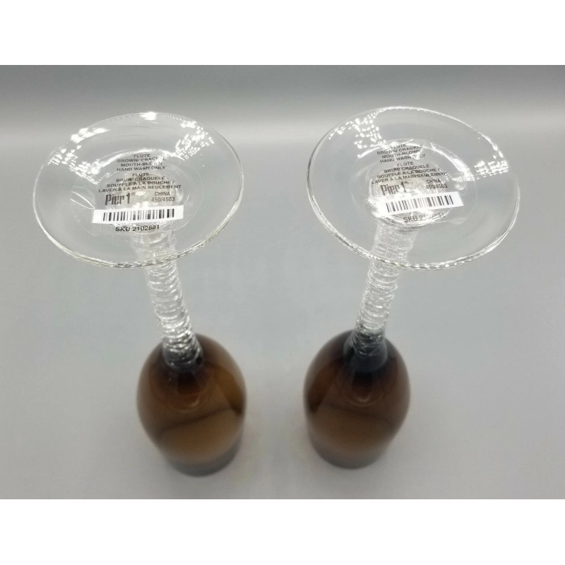 Pier 1 Crackle Glass Brown SET of 2 Champagne Flutes