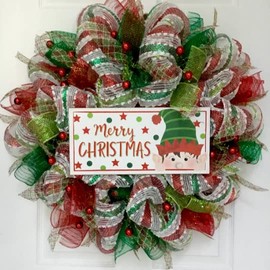 Merry Christmas Wreath With Peeking Elf Handmade Deco Mesh