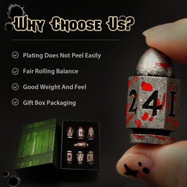 Metal Bullet Dice Set, DND Dice Set Dungeons and Dragons Dice, ZHOORQI D6 Dice Set D&D Dice Gifts for Role Playing Games, Pathfinder, Warhammer 40k or Theme Tabletop Games（7Bullet-Blood Silver）