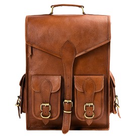 Volksy Bags Genuine Leather Backpack for Men, 15 Inch Laptop Bag, Leather Travel Backpack for Women, Vintage Designer Bookbag, Medieval Art Rucksack for College, Work & Hiking - Brown