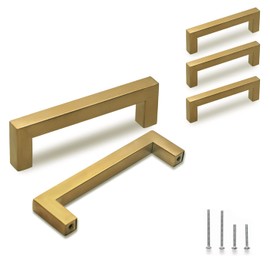 TooCust Brushed Brass Square Drawer Pulls 5 Pack, Modern Gold Cabinet Handles with 3-1/2 Inch (90mm) Hole Centers, Kitchen Cabinet Hardware and Dresser Pulls