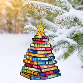 Book Christmas Ornament 2024 Suncatcher, Book Tree Ornaments Decor Acrylic, Unique Bookish Gift for Women, Stained Glass Effect Gift for Book Lovers, Bookworm, Teacher, Book Club, Library (Book Stack)