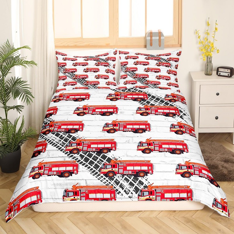 Manfei Fire Truck Duvet Cover Set Single Size, Red Fire