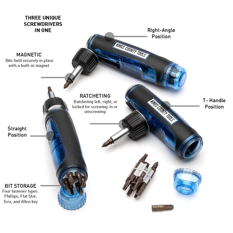 Kings County Tools Multi-Purpose Ratcheting Screwdriver | 3 Adjustable Handle