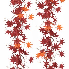 Artificial Maple Leaves Vines Garland 2Pcs 5.7Ft Fake Silk Vine Fall Maple Garland Autumn Leaves Greenery Hanging Plants Decor for Outdoor Indoor Home Thanksgiving Christmas Fireplace（Burgundy