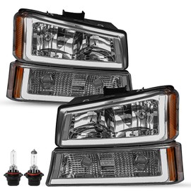 SOCKIR 4pcs w/LED DRL for 2003-2006 Chevy Silverado/Avalanche Headlight Assembly 1500 2500 HD 3500 07 Classic Model Smoked Lens Amber Reflector with Bulbs