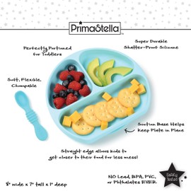 PrimaStella Silicone Divided Non-Slip Plate with Suction for Babies and Toddlers | Safety Tested | BPA Free | Microwave, Dishwasher and Oven Safe | Spoon Included (Pink)