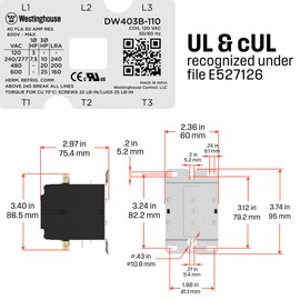 Westinghouse HVAC Contactor, 3 Pole, 40 Amp, 120V Coil, Line & Load Lugs, A2L Compliant Definite Purpose AC Contactor, UL Recognized & Approved for UL 60335