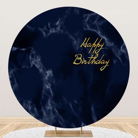Laeacco 6x6ft Marble Birthday Round Backdrop Polyester Navy Blue Marble Texture Happy Circle Backdrop Cover Kids Adults Baby Shower Banquet Party Portrait Props