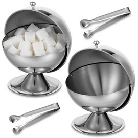 2 Pcs Stainless Steel Sugar Bowl with Roll Top, Stainless Steel Spherical Candies Bowl with 4.33 Inch Sugar Tong, Sugar Cube Holder, Candy Jar Cookies Mints Holder Bowl for Home Kitchen, Parties