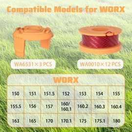 16 Pack Replacement Trimmer Spool Line & Cap for Worx WA0010, 0.065" Diameter & 10 Ft Longth Spool Compatible with Worx WG150-WG180 Series Weed Eater Trimmes(4 Caps & 12 Spools)
