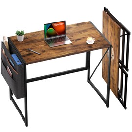 SOROGRA Small Folding Desk, 31.5 Inch Spaces Saving Foldable Table with Storage Pocket, Portable Computer Desks with Headphone Hook for Bedroom Home Office, Easy Assembly, Vintage Brown