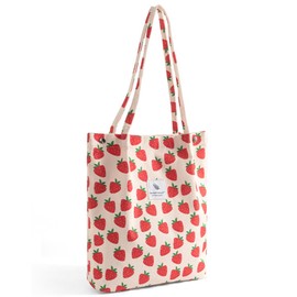 CVANSEN Strawberry Tote Bags for Women Large Capacity Corduroy Bag Reusable Grocery Shoulder with Inner Pockets (Strawberry)
