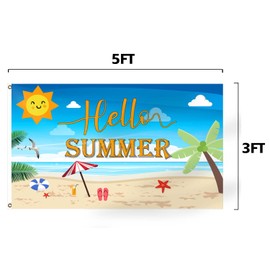 Hello Summer Flag 3x5 Ft Hello Sunshine Beach Decorations Banner Flag Holiday Party Canvas Header Polyester Outdoor Decor with Brass Grommets