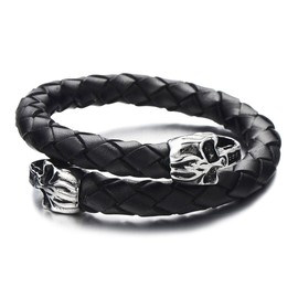 COOLSTEELANDBEYOND Elastic Adjustable Men's Black Braided Leather Wrap Bracelet Wristband with Steel Skull Silver Black