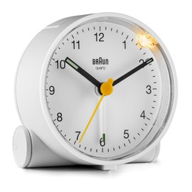 Braun Classic Analogue Clock with Snooze and Light, Quiet Quartz Movement, Crescendo Beep Alarm in White, Model BC01W, One Size