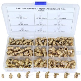 Boeray 115pcs 1/4“ 1/8” Hydraulic Grease Brass Zerk Fitting SAE Standard Assortment Kit-Straight, 90-Degree, 45-Degree Angled Zerk Assortment Set