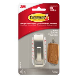 Command MR02-BN-EF Modern Reflections Metal Hook, Medium, Brushed Nickel, 1 Hook 2 Medium Strips