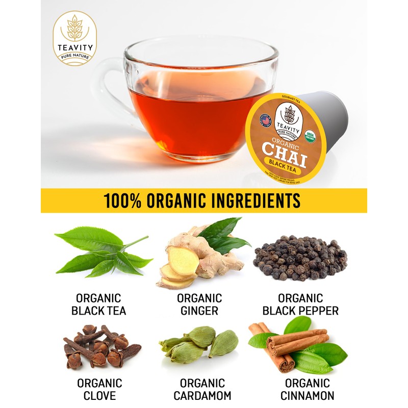 Organic Chai Black Tea Pods for Keurig Naturally Caffeinated by