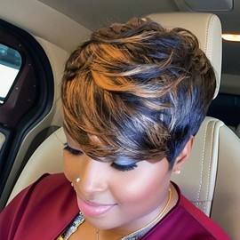 MOONSHOW Short Pixie Wigs for Black Women Brown Pixie Cut Wig Short Straight Pixie Hair Wig for Women 1B/30 Colored Layered Synthetic Auburn Brown Haircut Wigs for Black Women