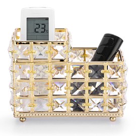 Hipiwe Crystal Remote Control Holder Gold Bling Makeup Brush Organizer Remote Caddy Candle Holder Tabletop Pen Pencil Storage Holder for Dresser Office Bathroom,2-Slot