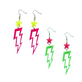 Todu 2 Pairs 80s Earrings for Women Hollow Hot Pink Green Lightning Bolt Yellow Star Earrings Set Neon Acrylic Drop Dangle Vintage Y2k 70s 80s 90s Outfit Party Jewelry