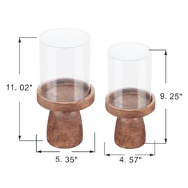 4" & 5" Glass Hurricane Candle Holders with Vintage Natural Solid Wooden Base in Set of 2, Decorative Centerpiece for Home, Coffee Table, Fireplace Mantel, Wedding, Modern Farmhouse Style