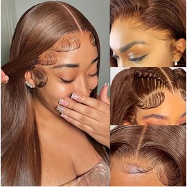 ANDRIA 13X4 HD Lace Front Wigs Chocolate Brown Straight Hair Glueless Lace Wigs 200% Density Brown Long Straight Natural Wig Pre Plucked Lace Frontal Wigs With Baby Hair For Black Women 32 Inches