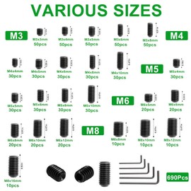 Zmbroll 690Pcs Black Set Screws Metric M3M4M5M6M8 Allen Head Socket Hex Grub Screws 12.9 Class Alloy Steel Internal Hex Drive Headless Grub Screw for Machinery, Furniture, DIY Fixing