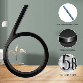 Floating Modern House Numbers 5 inch, Deamos Zinc Alloy Home Address Number for Outside House with Reflective Paint Finish Black, Floating Mount or Flush Mount