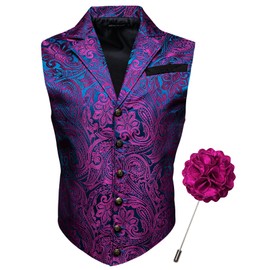 Barry.Wang Mens Silk Victorian Vest Tie Set Tailored Collar Paisley Steampunk Gothic Waistcoat Formal/Leisure Party, Brooch Teal and Pink, X-Large