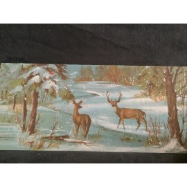 Vintage Christmas Card Deers by the lake Unused+env
