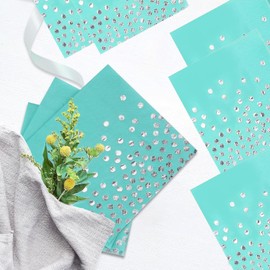 100 servilletas de punto verde azulado y plateado, suministros de fiesta de color verde azulado y plateado, servilletas desechables de punto azul para bodas, decoraciones de cumpleaños de graduación