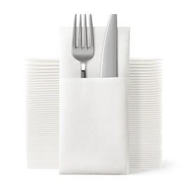 SUZZYVINE Disposable Dinner Napkins with Built-in Flatware Pocket,Cloth Like Lunch Napkins For Wedding Party Linen Feel, 150 Count 16" x 16"