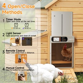 Automatic Chicken Coop Door Solar Powered with Timer, Light Sensor, Remote Control, Large Size, 4 Modes Aluminum Coop Door, Anti-Pinch, Weatherproof, LCD Screen, ETFE Solar Panel, 14.3" H x 10.8" L