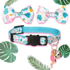 Gyapet Cat Collar Pink Flamingo Bow Tie Safety Breakaway Bell Pendant Charm Detachable Cats Kitten Forest Tropic Fun Flamingo D