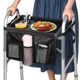 HOOMTREE Walker Tray for Folding Walker, Trays for Walkers for Seniors Detachable with Cup Holder,Walker Trays for Rolling Folding Walker,Walker Accessories for Elderly (Black with Baffles)