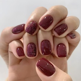 Bellelfin 24Pcs Short Press on Nails Square Burgundy Fake Nails, Cute Glitter False Nails Glossy Glue on Nails Acrylic Stick on Nails for Women Girls