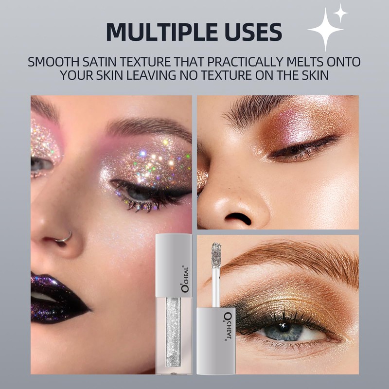 O'CHEAL Shiny Liquid Metallic Eyeshadow, Quick Drying, Long-Lasting Pigmented Coverage