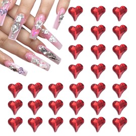 sourcing map 30 Pcs 3D Heart Nail Charm Crystals Gems 12x13mm Crooked Heart-Shape Nail Charm Art Rhinestone for Valentine's Day DIY Decoration Jewelry Making, Red