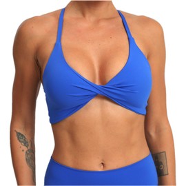 ABOCIW Women's Workout Sports Bras Twist Front Halter Criss-Cross Back Sports Bra Fitness Backless Padded Low Impact Gym Bra Yoga Crop Tank Top #1 Blue Medium