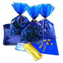prxififeq Blue Plastic Cello gift goodie Candy cellophane treat bags 6x9 inches with Twist Ties,100PC, Party Favor Wrapping Set