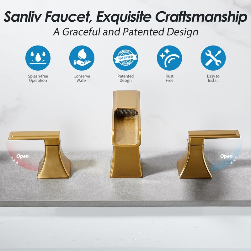 Brushed Gold Waterfall Bathroom Faucet, Sanliv 2-Handle Widespread Bathroom Faucet