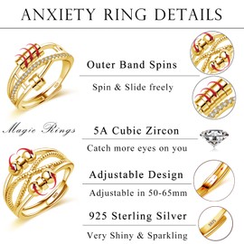 Cangall Silver Anxiety Rings, 2PCS 925 Sterling Silver Fidget Rings Set, Open Adjustable Anxiety Fidget Rings Gold, Infinity Stress Worry Hand Spinner Fidget Ring Relaxing Gift for Women Daughter