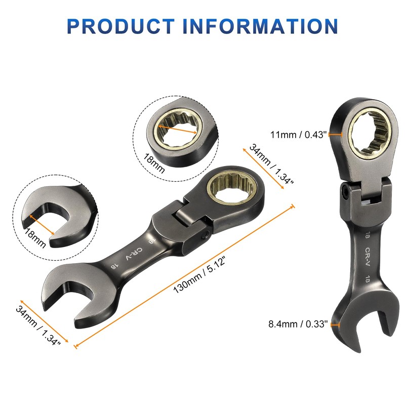 sourcing map Flex Head Stubby Ratcheting Combination Wrench 18mm Metric