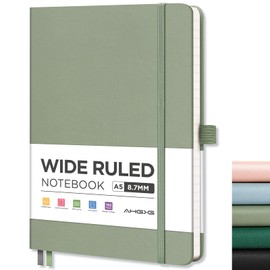 AHGXG Wide Ruled Notebook for School - Lined Journal for Women Men, 192 Numbered Pages, 100 GSM Thick Paper, A5 Hardcover Leather Notebook for Work, Writing, 5.7"×8.3" - Sage Green
