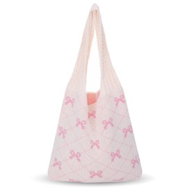 Herr Ozean Beige Crochet Bag with Pink Bows, Bow, Shopping Bag for Women, Crochet Bag, Tote Bag, Shoulder Bag, Lightweight Tote Bag for Women Shopping, pink, L