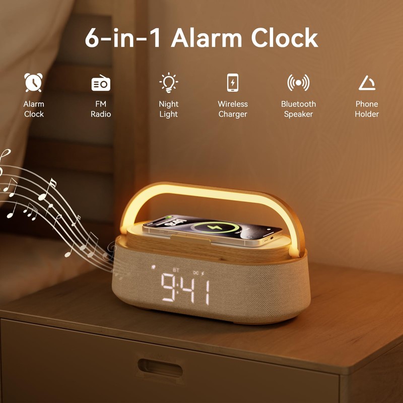 Alarm Clock Bedroom with Wireless Charger Bluetooth Speaker FM Radio