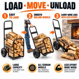 Heavy Duty Firewood Log Cart with Wheels, 250 lb Capacity Steel Wood Rack & Log Carrier for Indoor Outdoor Fireplace and Fire Pit
