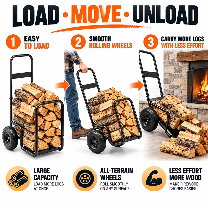 Heavy Duty Firewood Log Cart with Wheels, 250 lb Capacity